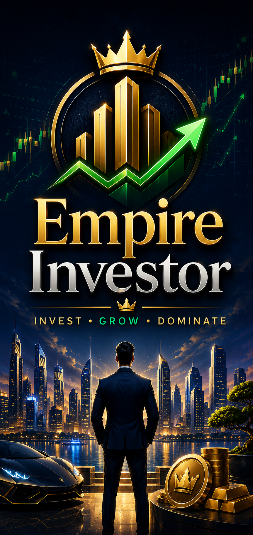 Empire Investor splash screen showing the game logo and city skyline